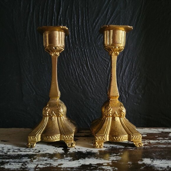 Pair of Vintage Victorian Art Nouveau Gold Tone Metal Candle Holders - Picture 4 of 8